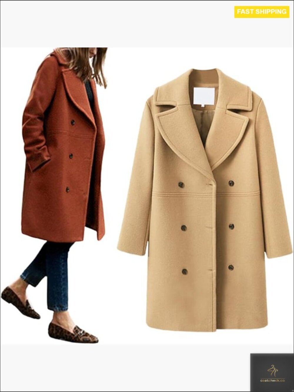 Wool Blend Pea Coat Double Breasted Notched Lapel Midi Trench Overcoat Classic
